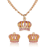 Pink Crystal Crown Pendant Necklace & Stud Earrings Set