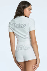 Pearly Big Bling Short Sleeve Velour Zip Up