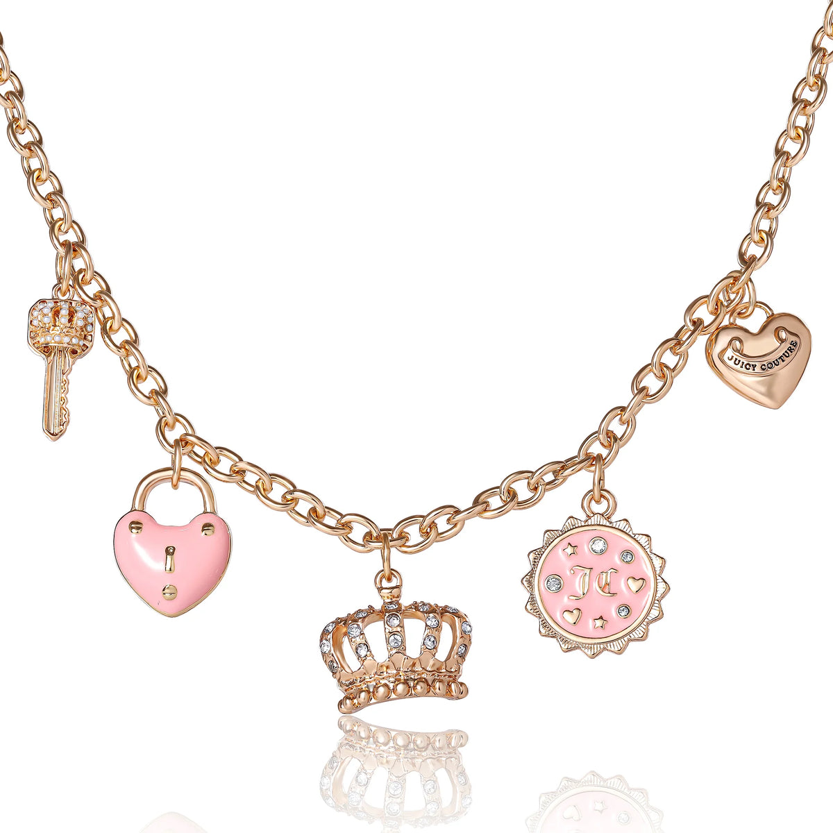 Charm Necklace with Pink Enamel Accents and Crystal Details