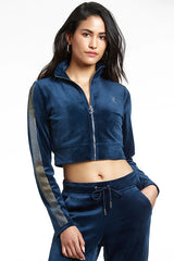 Monogram Velour Cropped Track Jacket with Ombre Sleeve Bling—REJUICED
