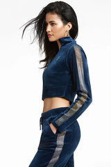 Monogram Velour Cropped Track Jacket with Ombre Sleeve Bling—REJUICED