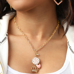 Layered Charm Necklace with Pink Enamel Accents